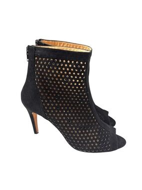 Jon Josef Liko Black Suede Leather Perforated Peep Toe Booties Spain Size 7.5‎